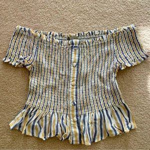 Shirred Yellow and Blue Striped Top